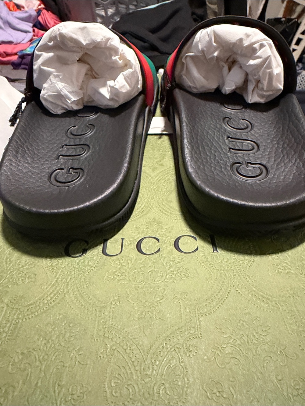 Gucci Black Slides with Red and Green Logo Strap - Picture 5 of 6